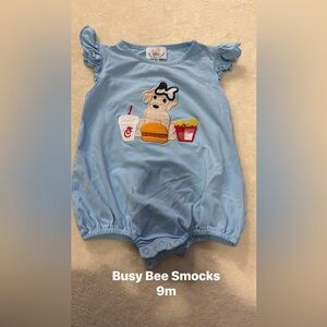 Busy Bee Smocks Light Blue Bodysuit with Dog and Fast Food Design